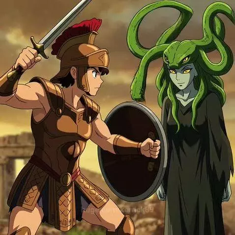 Warrior in bronze armor holding sword and shield confronts Medusa with snake hair in ancient ruins at sunset.