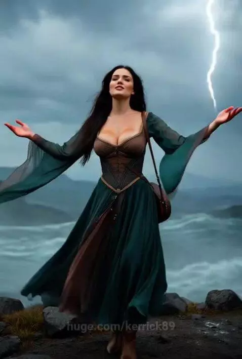 Woman in a teal and brown fantasy dress singing and posing dramatically in a stormy, rainy landscape.