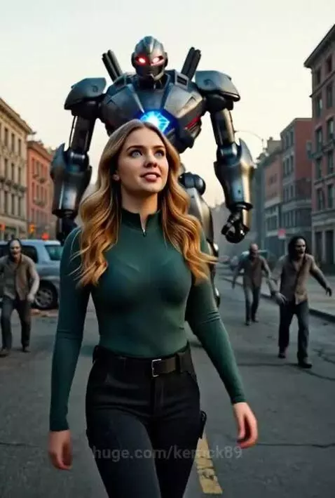 Woman in a mecha robot cockpit firing a blue laser at approaching zombies.