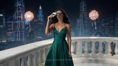 Woman in emerald green satin gown on marble balcony at night, holding a masquerade mask, with futuristic city and fireworks.