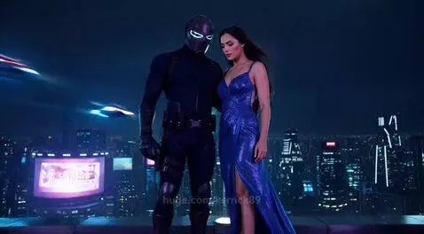 Man in futuristic suit and woman in royal blue gown on a rooftop overlooking a neon cyberpunk city at night.