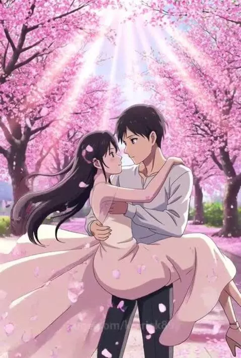 Animated couple embracing under falling cherry blossoms in a sunlit garden.