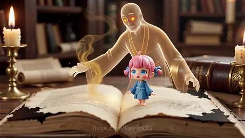 Chibi girl in a blue robe on an ancient book in a candlelit library, facing a glowing spectral figure.