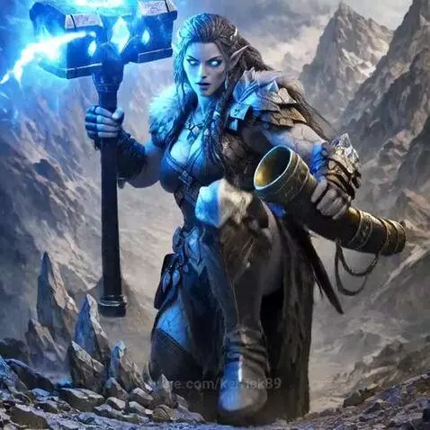 Fantasy warrior with grey skin, pointed ears, and armor, holding a glowing blue hammer and horn, surrounded by lightning.
