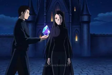 Anime woman with black hair and man share a kiss holding a glowing crystal in front of a castle.