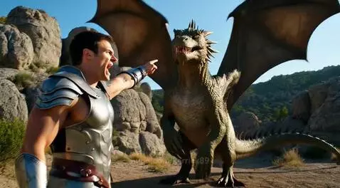 Man in silver armor yells at a dragon, which transforms into a blonde woman with glowing eyes.