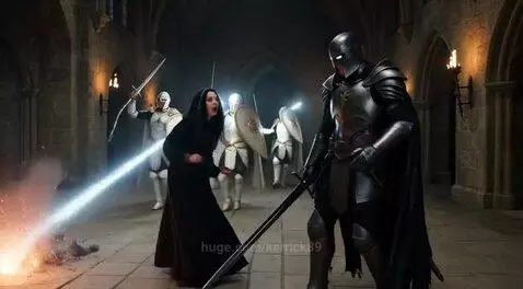 A woman in a hooded robe embraces a dark knight as knights in white armor attack with light beams.
