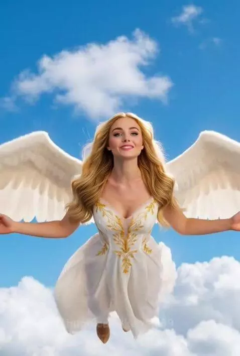 A smiling blonde woman with large white angel wings and a white dress flies in a bright blue sky with white clouds.
