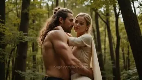 Strong man carries pretty woman in forest by kerrick89
