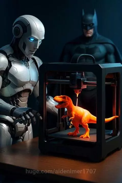 Robot printing a dinosaur with Batman dancing in the backgro... by aidenimer1707