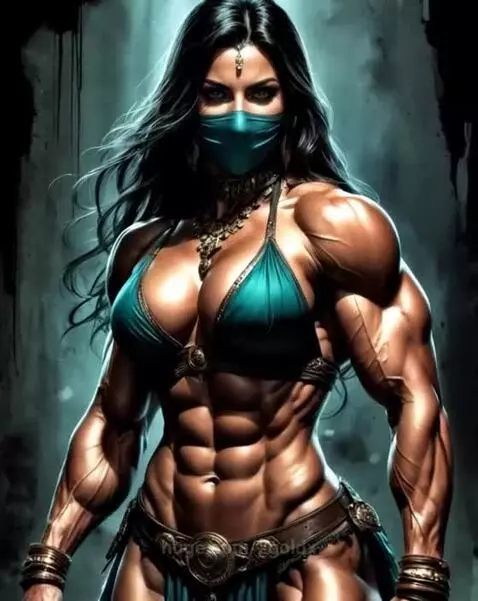 Muscular woman with long dark hair in a teal bikini and gold jewelry flexing her defined abs and biceps against a dark background.