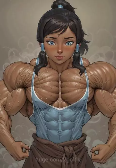 Animated character resembling Korra with extreme muscle definition, flexing biceps, wearing a blue tank top.