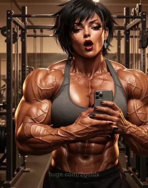 Muscular woman with short dark hair in a grey sports bra and dark shorts posing and flexing biceps in a gym.