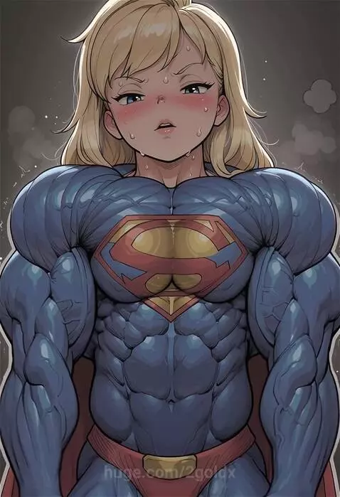 Anime Supergirl character with defined muscles, blonde hair, and a sweating, flushed face, wearing a superhero suit.