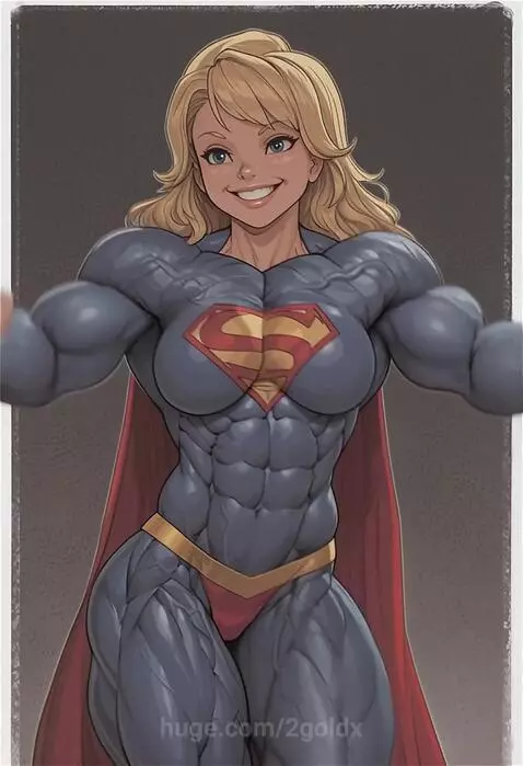 Animated Supergirl with defined muscles and a smile, wearing a superhero costume and flexing her biceps.
