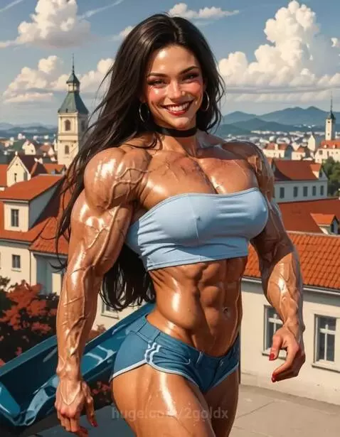 Muscular female bodybuilder with long dark hair, oiled skin, and a six-pack, wearing a blue top and shorts, posing outdoors.