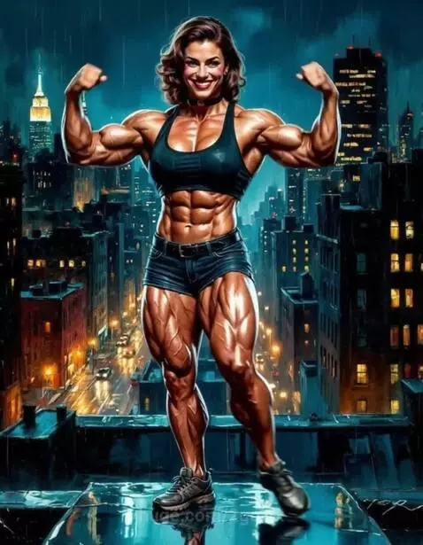 Muscular female bodybuilder in black sports bra and denim shorts posing on a city rooftop at night.