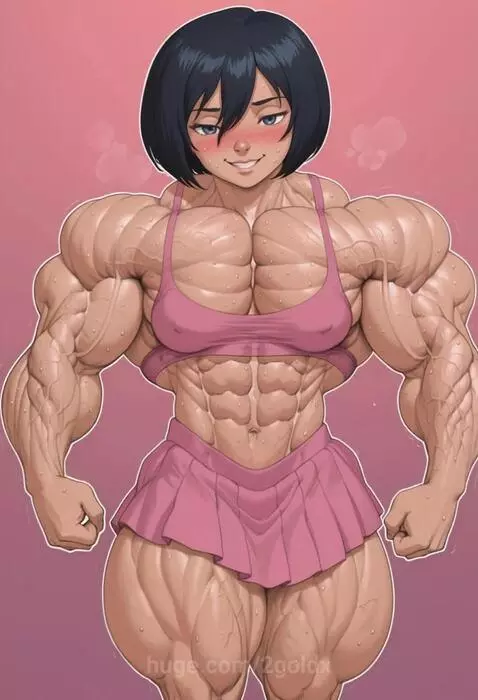 Muscular anime woman, Mikasa Ackerman, with short dark hair, wearing a pink sports bra and mini-skirt, blushing.