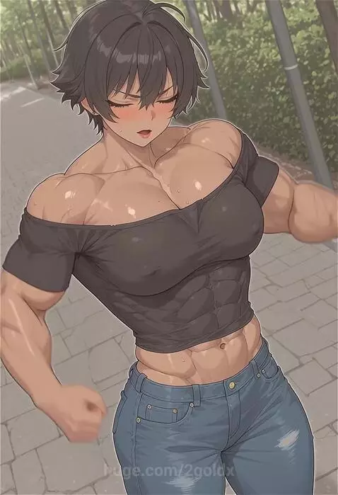 Muscular woman with short dark hair, wearing an off-the-shoulder crop top, flexing her biceps outdoors.