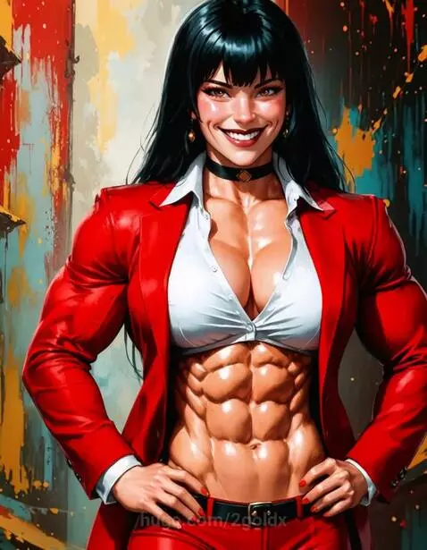 Muscular woman with long dark hair in a red suit jacket and pants, showing toned abs, hands on hips, smiling.