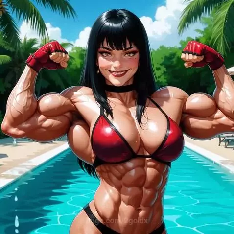 Muscular female bodybuilder with long black hair in a red bikini top and black bottoms flexes biceps by a swimming pool.