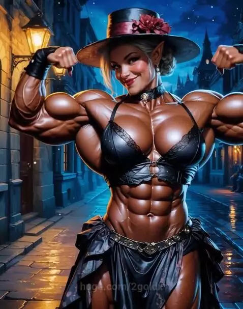 Animated female elf bodybuilder with prominent muscles, wearing a black outfit and hat, posing on a cobblestone street at night.