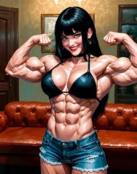 Muscular woman with long black hair and bangs, wearing a black bikini top and denim shorts, flexing her biceps and smiling.