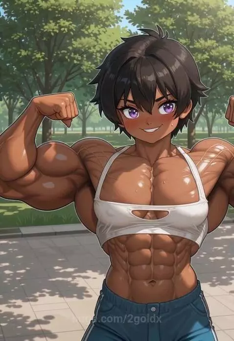 Anime tomboy character with dark skin, short dark hair, and purple eyes, flexing biceps in a white sports bra and blue shorts in an outdoor park.
