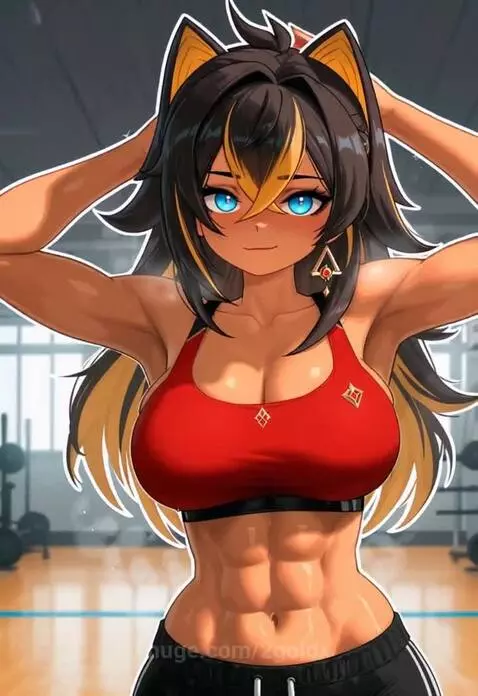 Genshin Impact's Dehya flexing her muscular abs and biceps in a gym setting, wearing athletic wear.