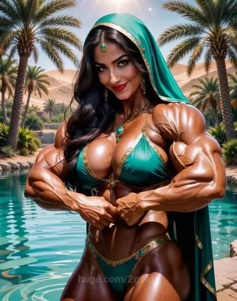 Muscular woman with dark hair and green bikini flexing biceps in clear blue water with palm trees.