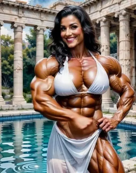 Muscular female bodybuilder with dark hair flexing biceps and abs, smiling, wearing a white bikini top and sarong, with Greek ruins background.