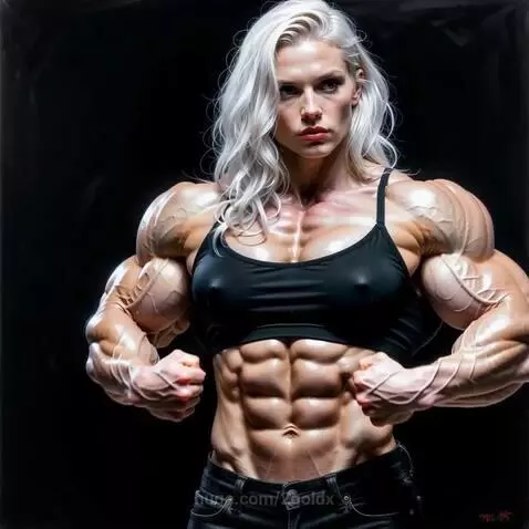 Muscular female bodybuilder with platinum blonde hair flexing pectoral muscles and biceps in a black sports bra.