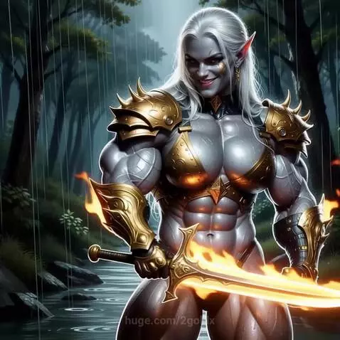 Muscular female elf warrior with grey skin and white hair flexing biceps in a rainy forest, wearing bikini-style armor.