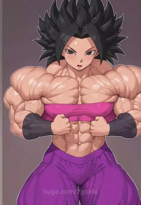 Anime character Caulifla from Dragon Ball flexing her developed biceps and abs.