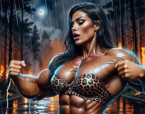 Muscular female bodybuilder with dark hair flexing biceps and pectoral muscles in a leopard print bikini top in a rainy forest.