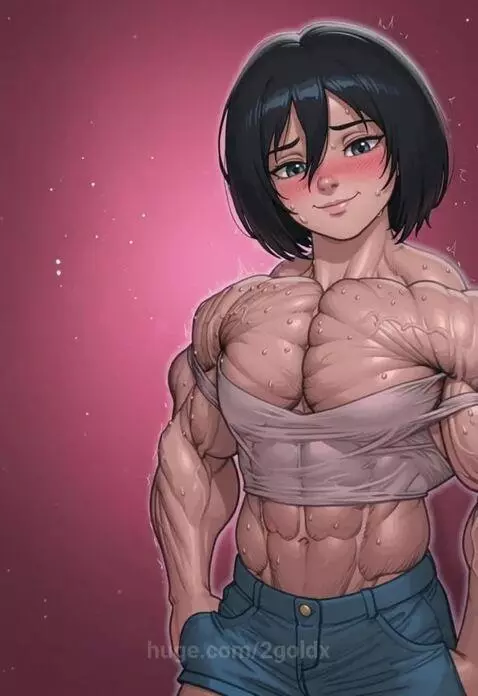 Anime character with short dark hair, exaggerated muscles, wearing a tight white tank top and blue shorts, flexing against a pink sparkling background.