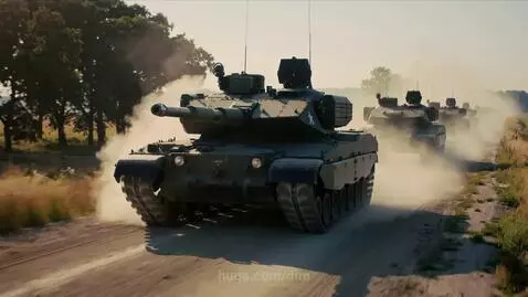 Dark green military tanks driving down a dusty rural road, kicking up dust on a sunny day.