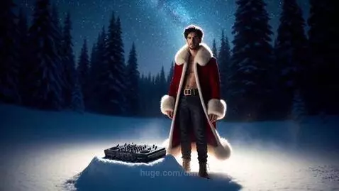 Man in Santa coat with bare chest, DJing in a snowy forest at night with a starry sky.