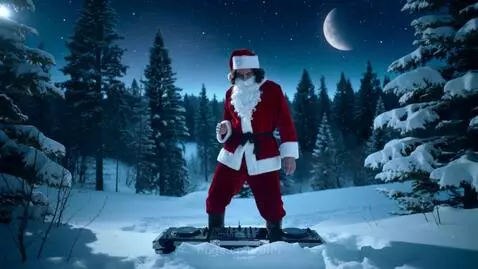 Santa Claus in a red suit and hat, with a white beard, stands behind a DJ controller in a snowy forest at night, mixing music.
