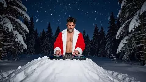 Man dressed as Santa, with open jacket revealing chest, stands behind a DJ mixer in a snowy forest at night.