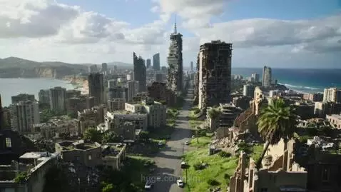 Aerial view of a desolate post-apocalyptic megacity with crumbling skyscrapers by the ocean under a cloudy sky.
