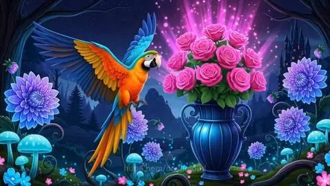 Graphic Art Colorful Parrot Lands On Flowers by devilcloud