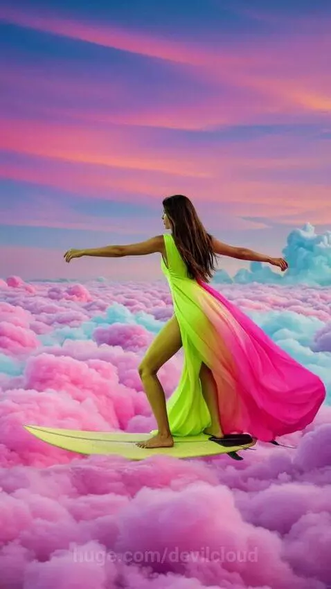 Female Cloud Surfer Flying To 'Electric Sunrise' by Devil Cl... by devilcloud