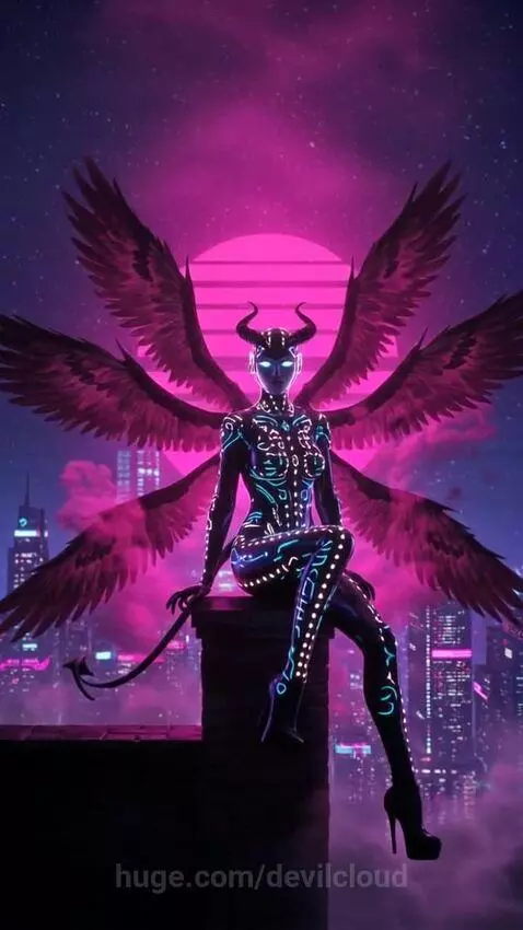 Winged Cyberpunk Succubus in Blue Retro Synthwave Short by devilcloud