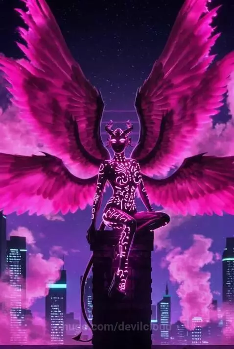 Winged Cyperpunk Succubus In Pink | Cyberpunk City Graphic A... by devilcloud