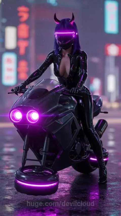 Female Cyberpunk Leather Demoness Hovercycle Rider by devilcloud
