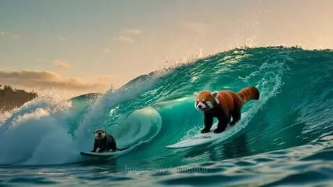 Red Panda & Otter Surf The Ocean Waves During Sunset by devilcloud