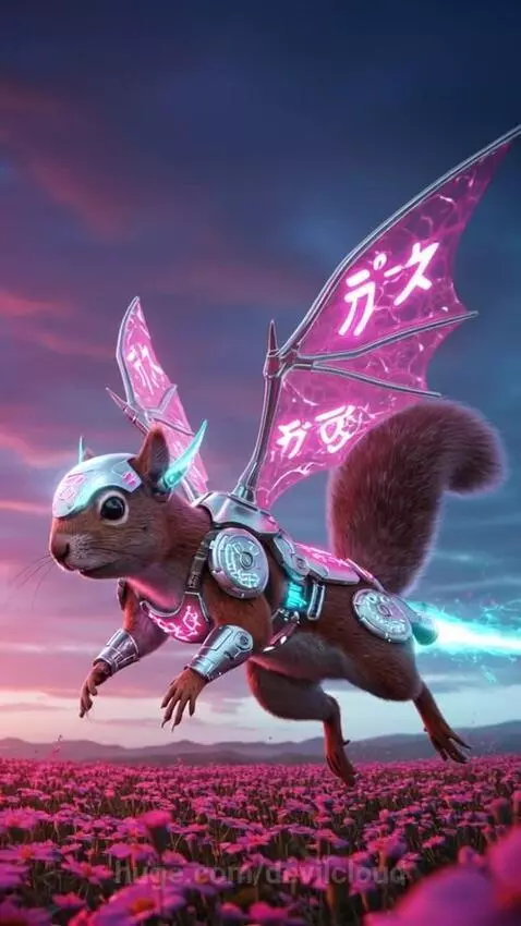 Cyberpunk Dragon Squirrel In A Field Of Flowers by devilcloud