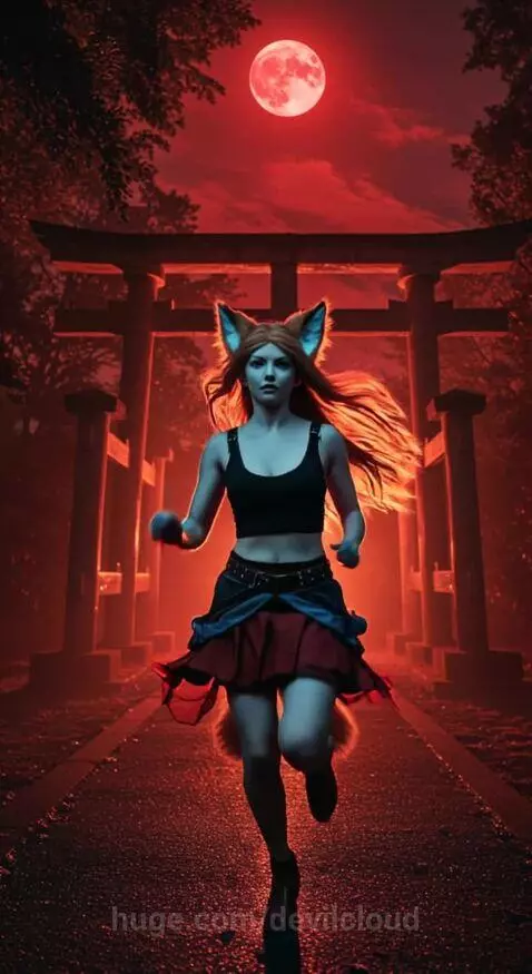 Red Fox Girl Runs Home Under The Blood Moon by devilcloud