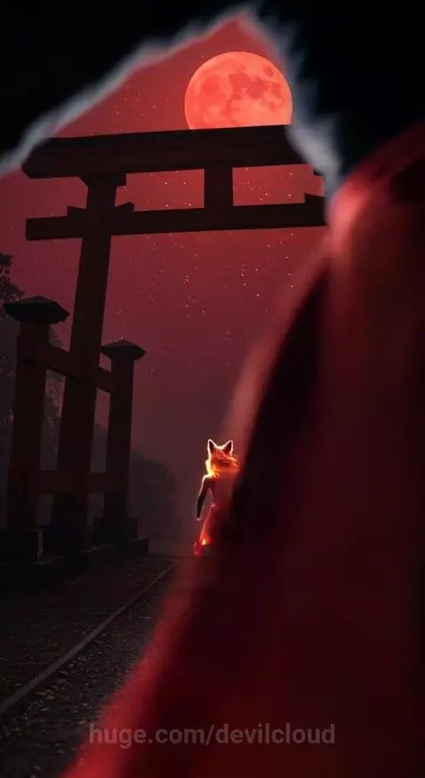 🔥Kitsune Red Fox Twin Girls Racing Under Blood Moon by devilcloud
